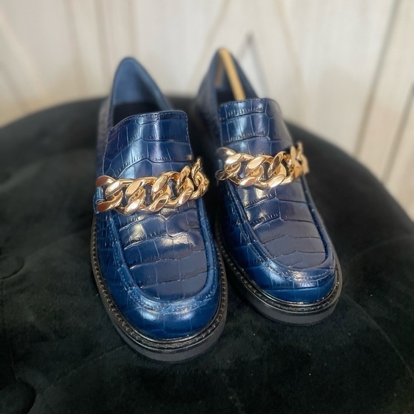 Aqua Blue Crocodile Lena Chunky Heeled Loafers Size 5 - Picture 7 of 11